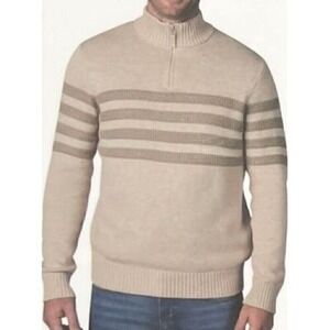 Tahari Mens Size Large 1/4 Zip Beige Striped Knit Pullover Sweater Casual Preppy
